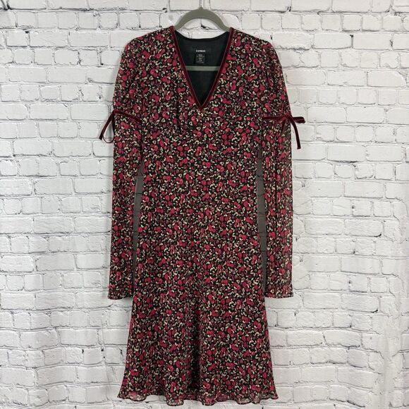Express Vintage Silk Dress Red Floral w Velvet Trim Y2K Whimsical Fairy - Picture 1 of 10